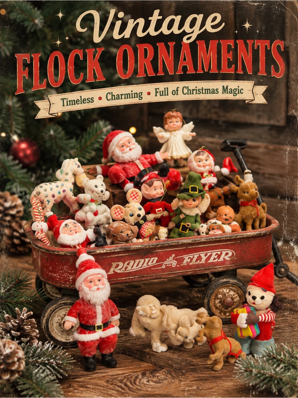Mixed Lot of 17 Vintage 1950-60 FLOCKED Santa Elf Bear Angel Christmas Ornament